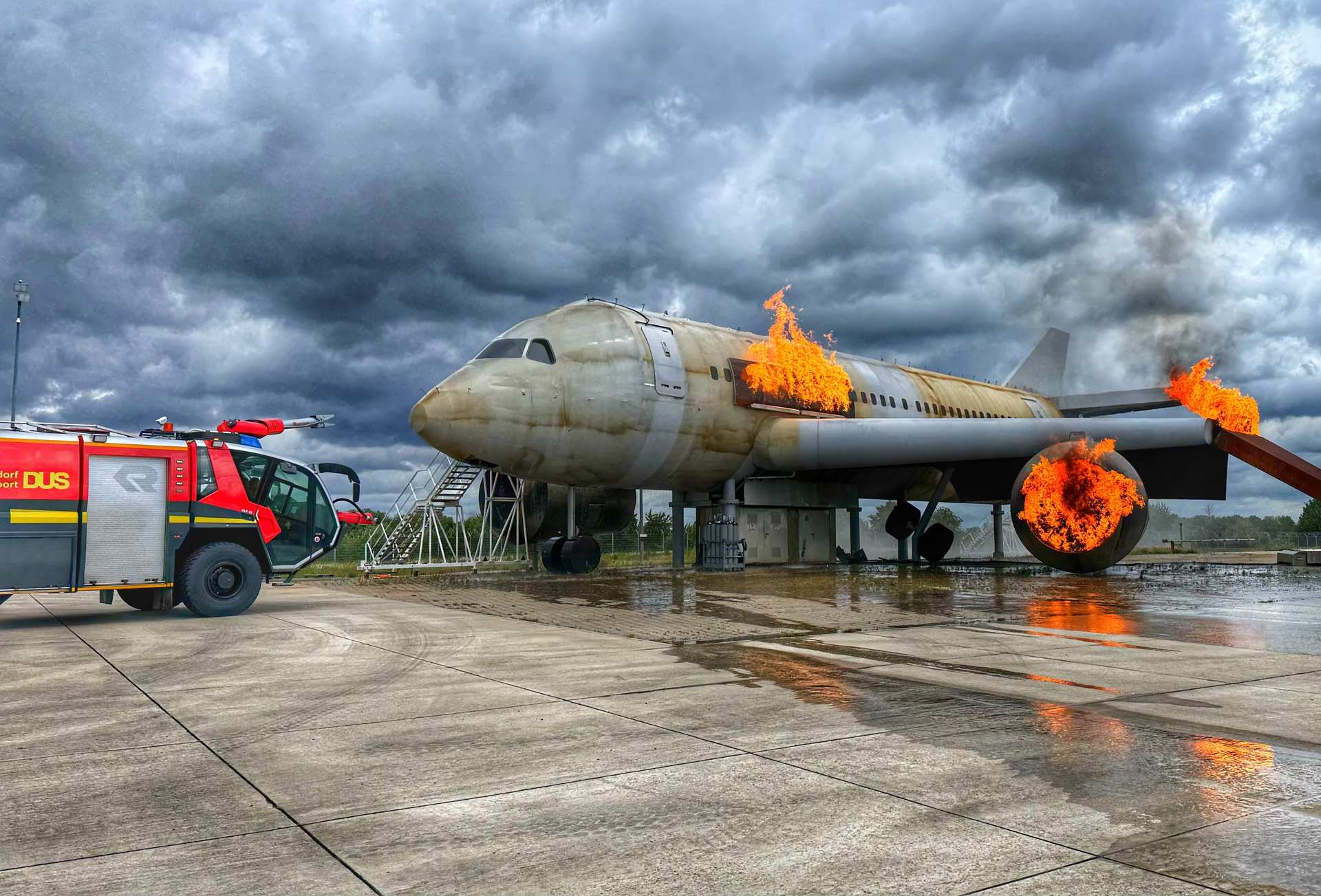 ICAO-Übungen – Coaching, Vorbereitung & Durchführung Voll entwickelter Brand am Flugzeug-Mock-Up während einer ICAO-Großübung